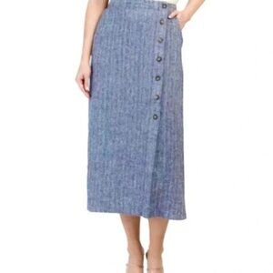 Rachel Zoe Linen Indigo‎ Front Button-Down Women's Midi Skirt Pockets Sz M